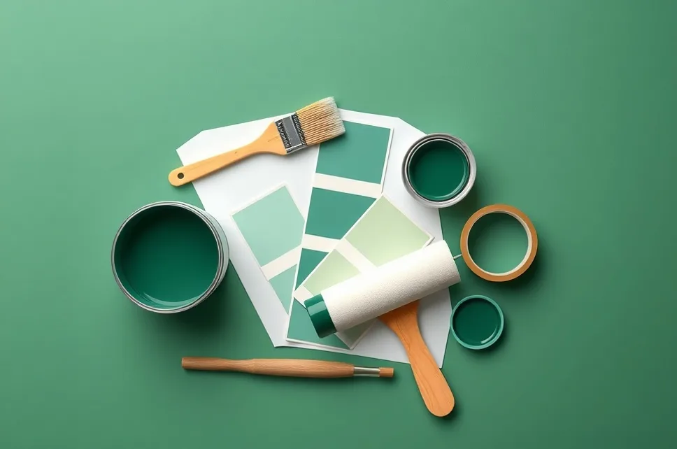 Pots de peinture, nuancier, brosses et rouleaux disposés à plat