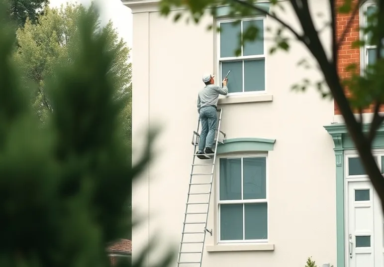 Peintre sur échafaudage traitant la façade d'une maison