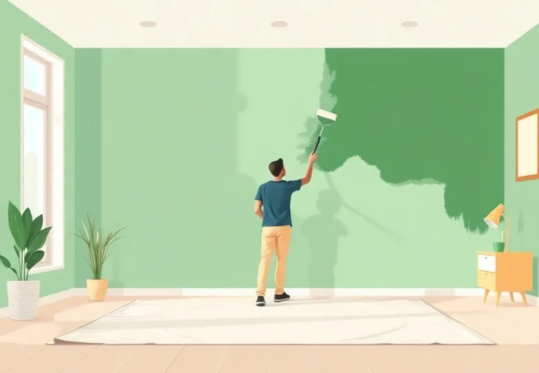 Peintre appliquant la peinture au rouleau sur un mur de salon